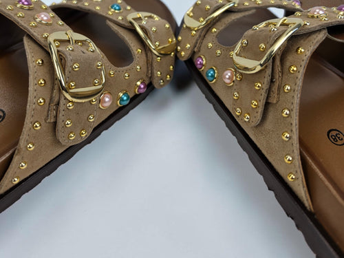 Bejeweled Marble-Studded Goat Suede Comfort Sandals