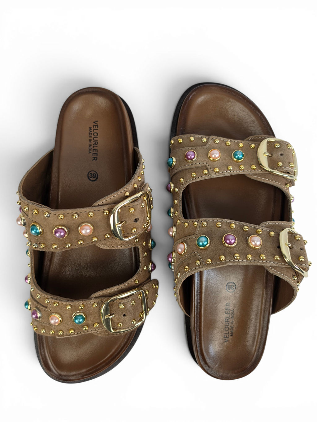 Bejeweled Marble-Studded Goat Suede Comfort Sandals