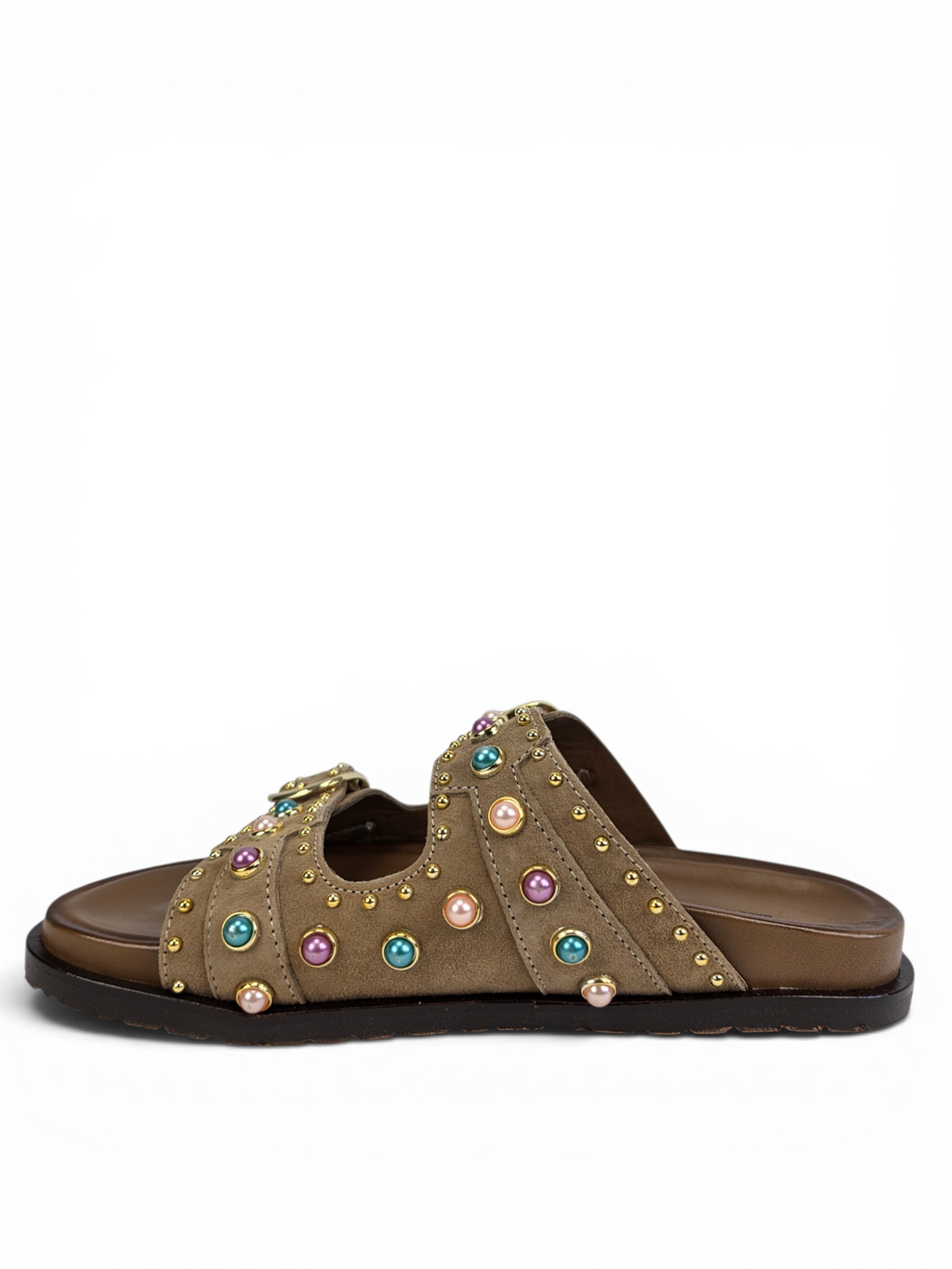 Bejeweled Marble-Studded Goat Suede Comfort Sandals