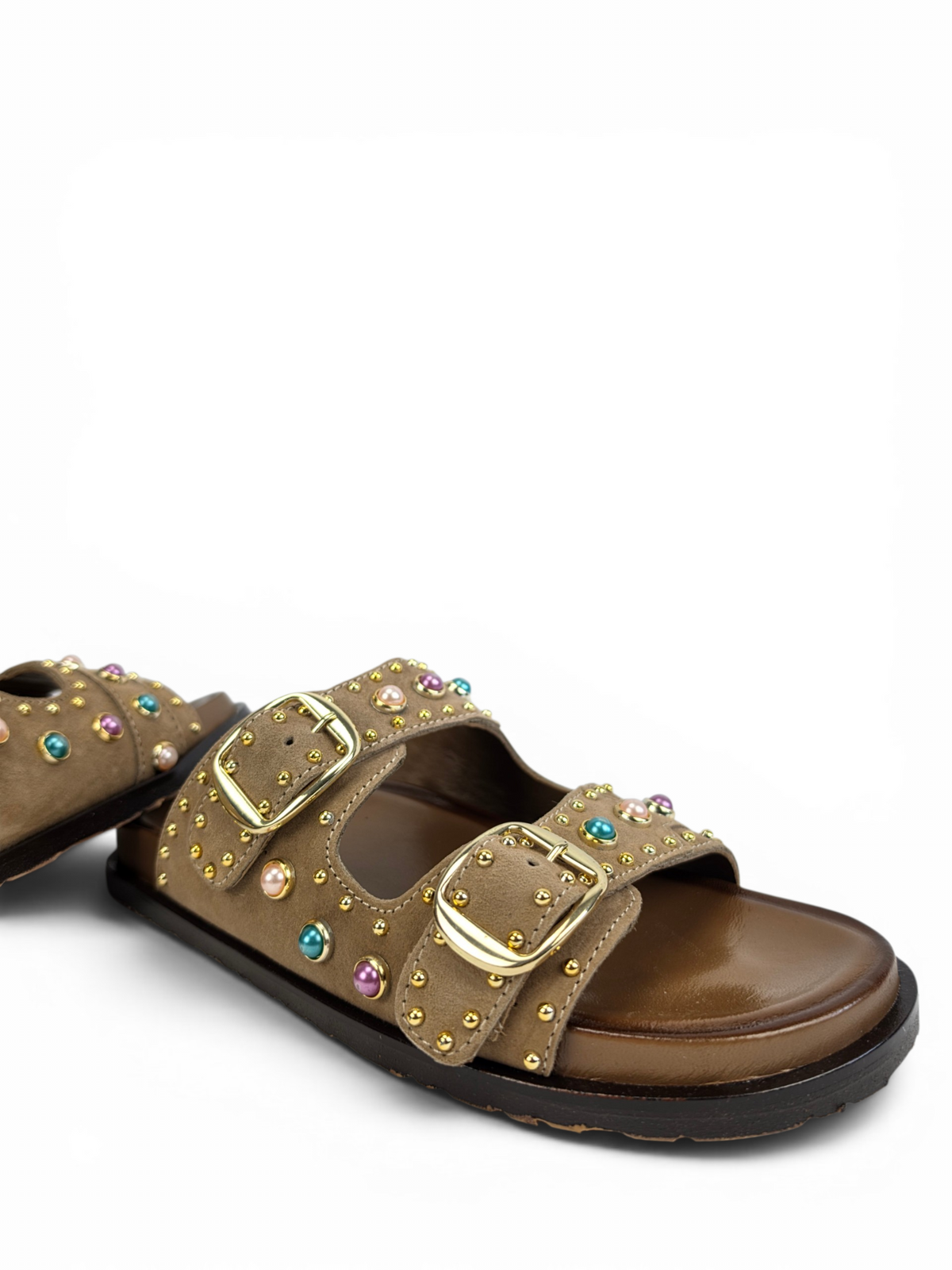Bejeweled Marble-Studded Goat Suede Comfort Sandals