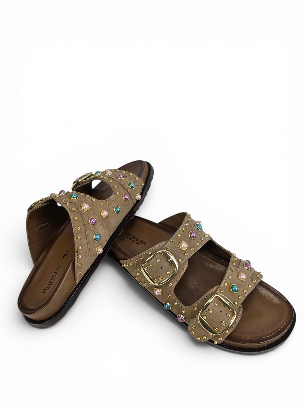 Bejeweled Marble-Studded Goat Suede Comfort Sandals