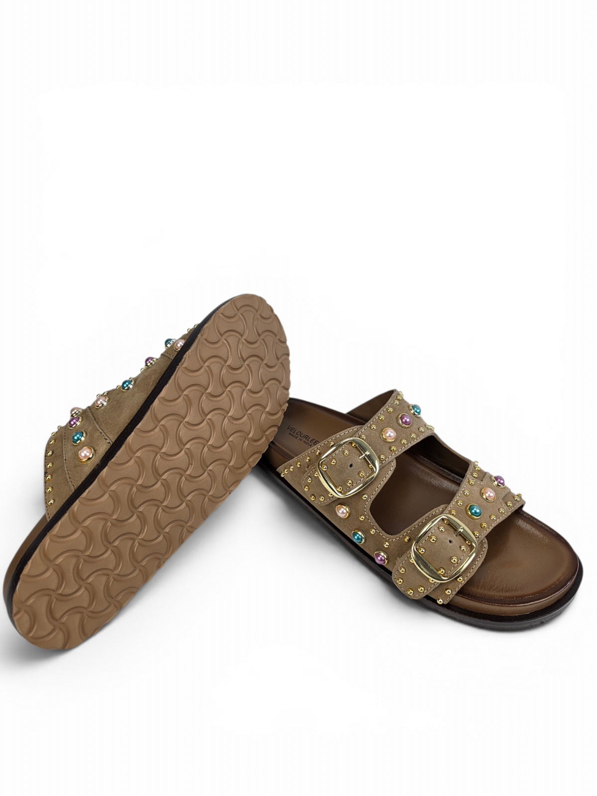 Bejeweled Marble-Studded Goat Suede Comfort Sandals