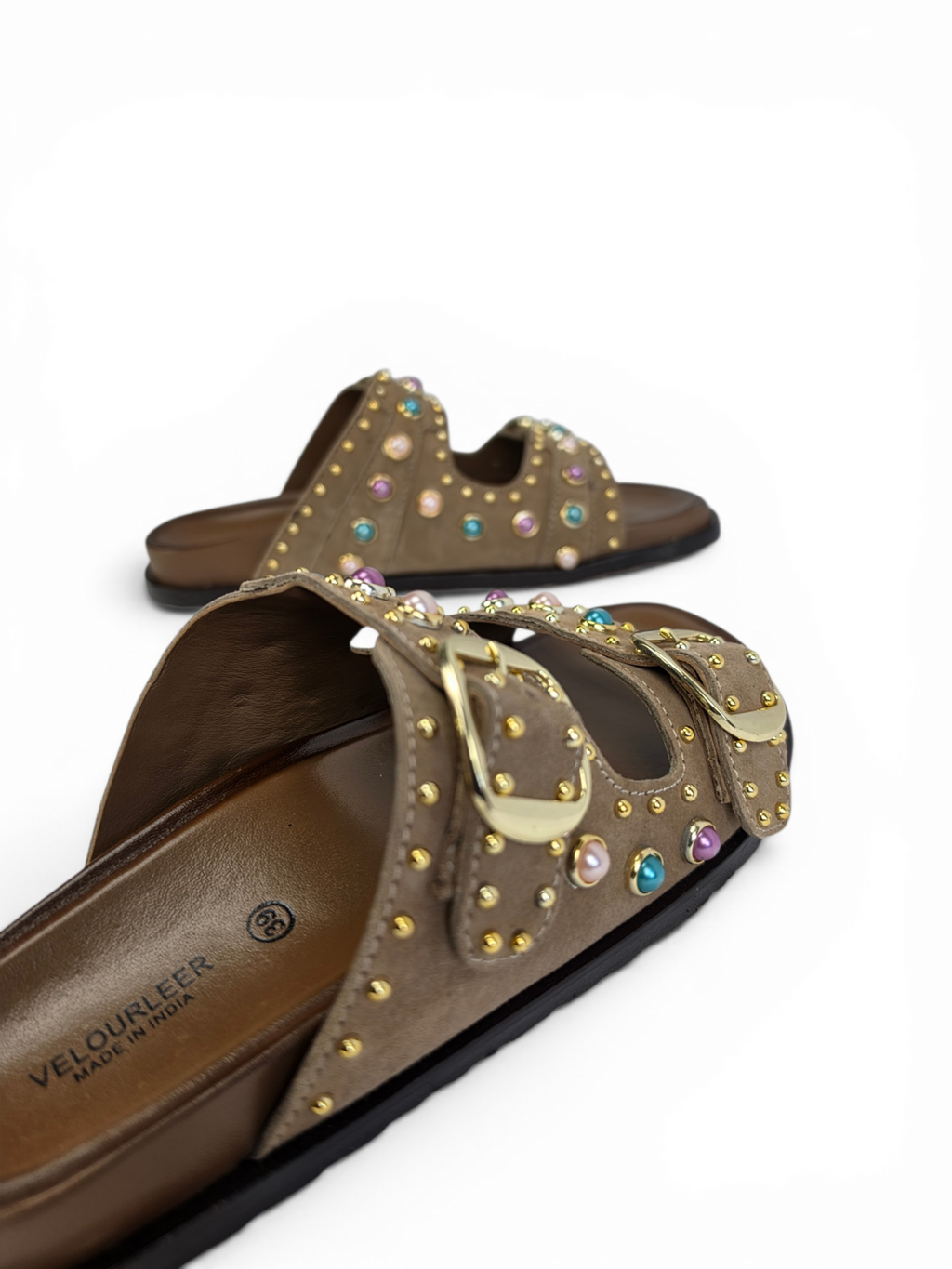 Bejeweled Marble-Studded Goat Suede Comfort Sandals