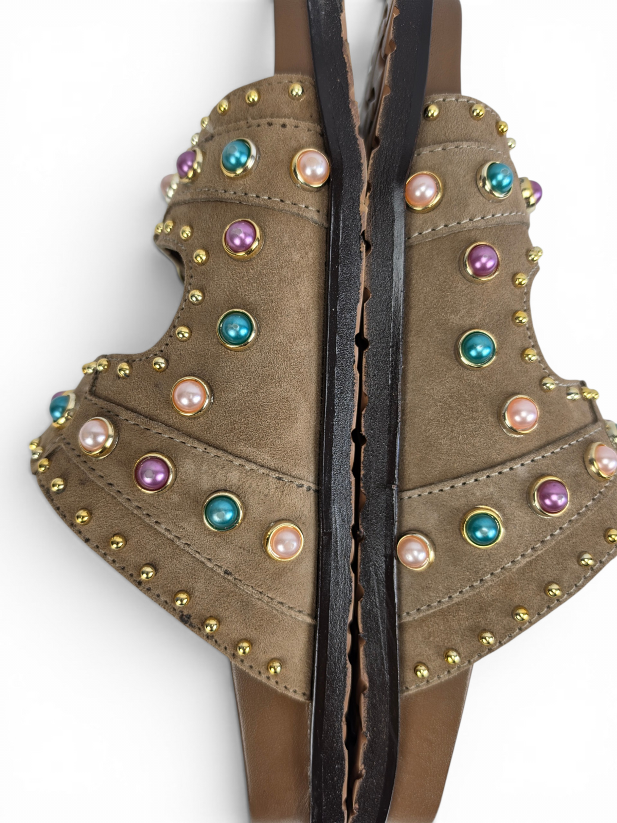 Bejeweled Marble-Studded Goat Suede Comfort Sandals