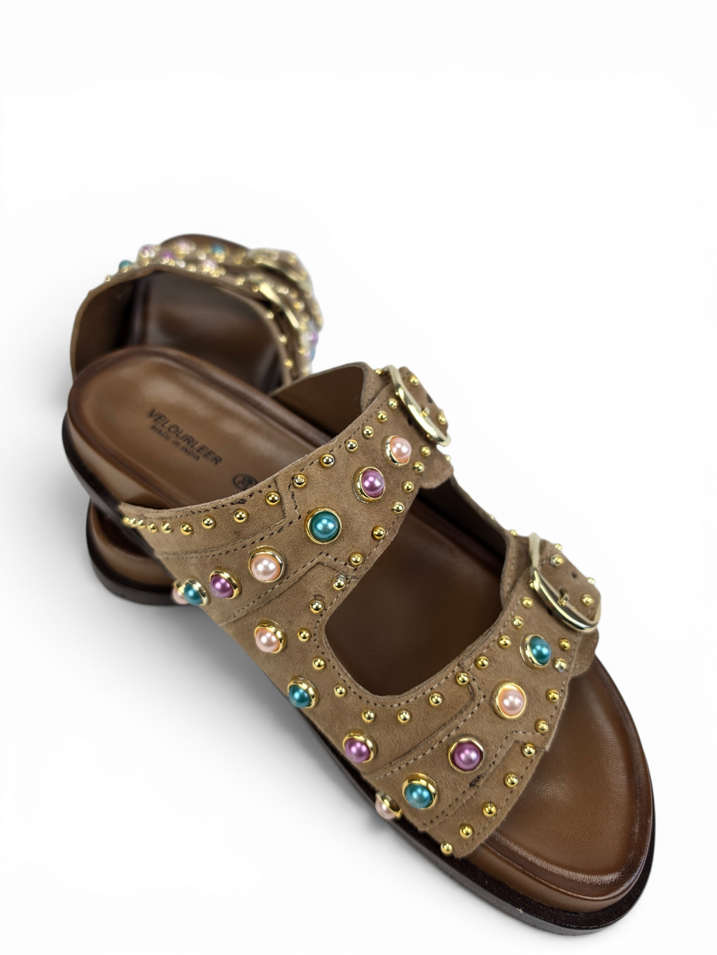 Bejeweled Marble-Studded Goat Suede Comfort Sandals