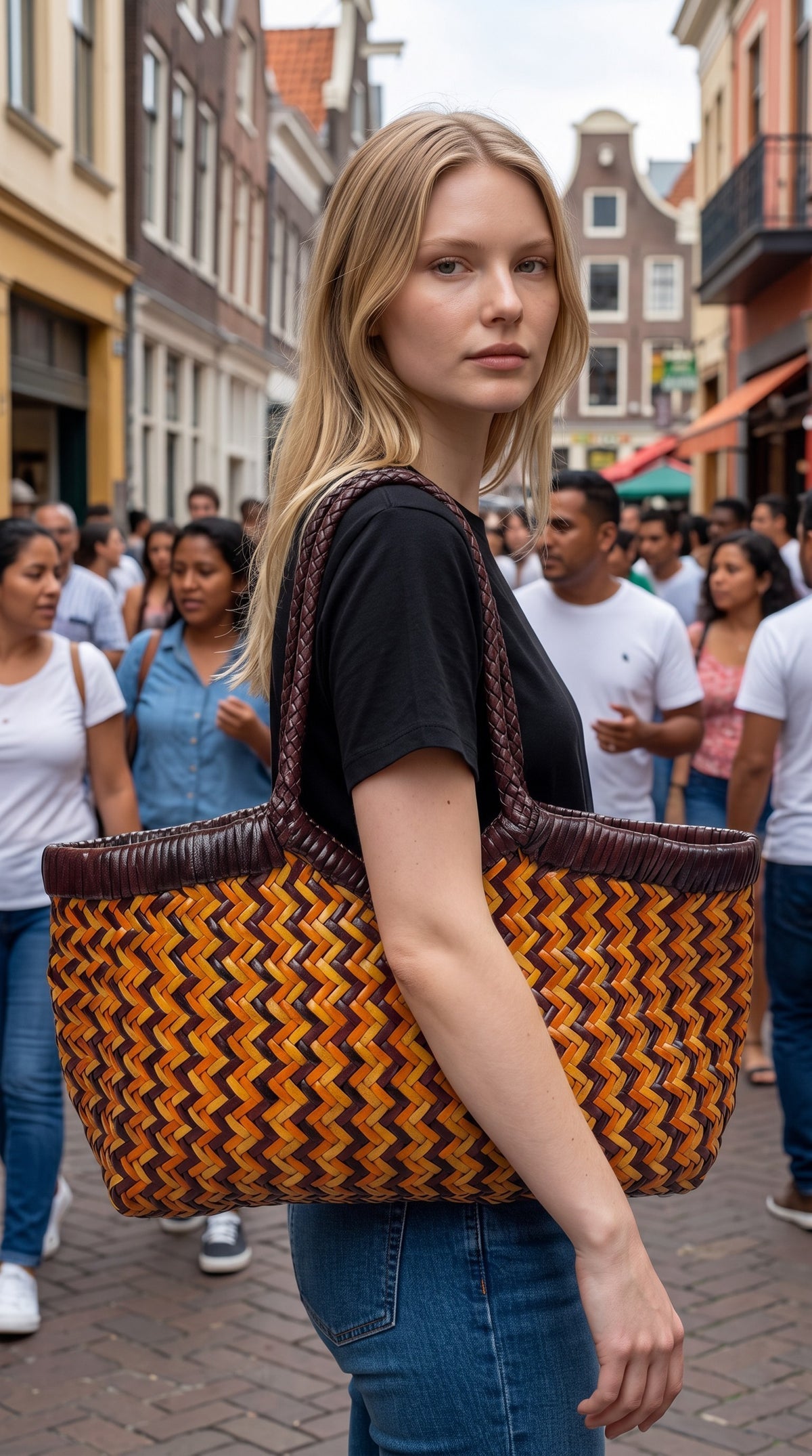 Handcrafted 3-Tone Woven Buffalo Leather Shoulder Bag