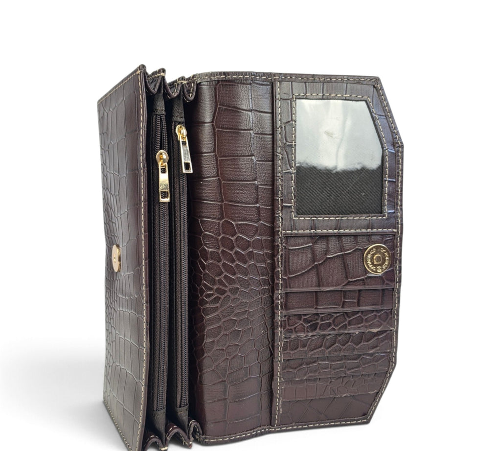 Velourleer Luxe Crocodile-Embossed Genuine Sheep Leather Clutch Wallet – Multi-Compartment Professional Evening & Travel Organizer