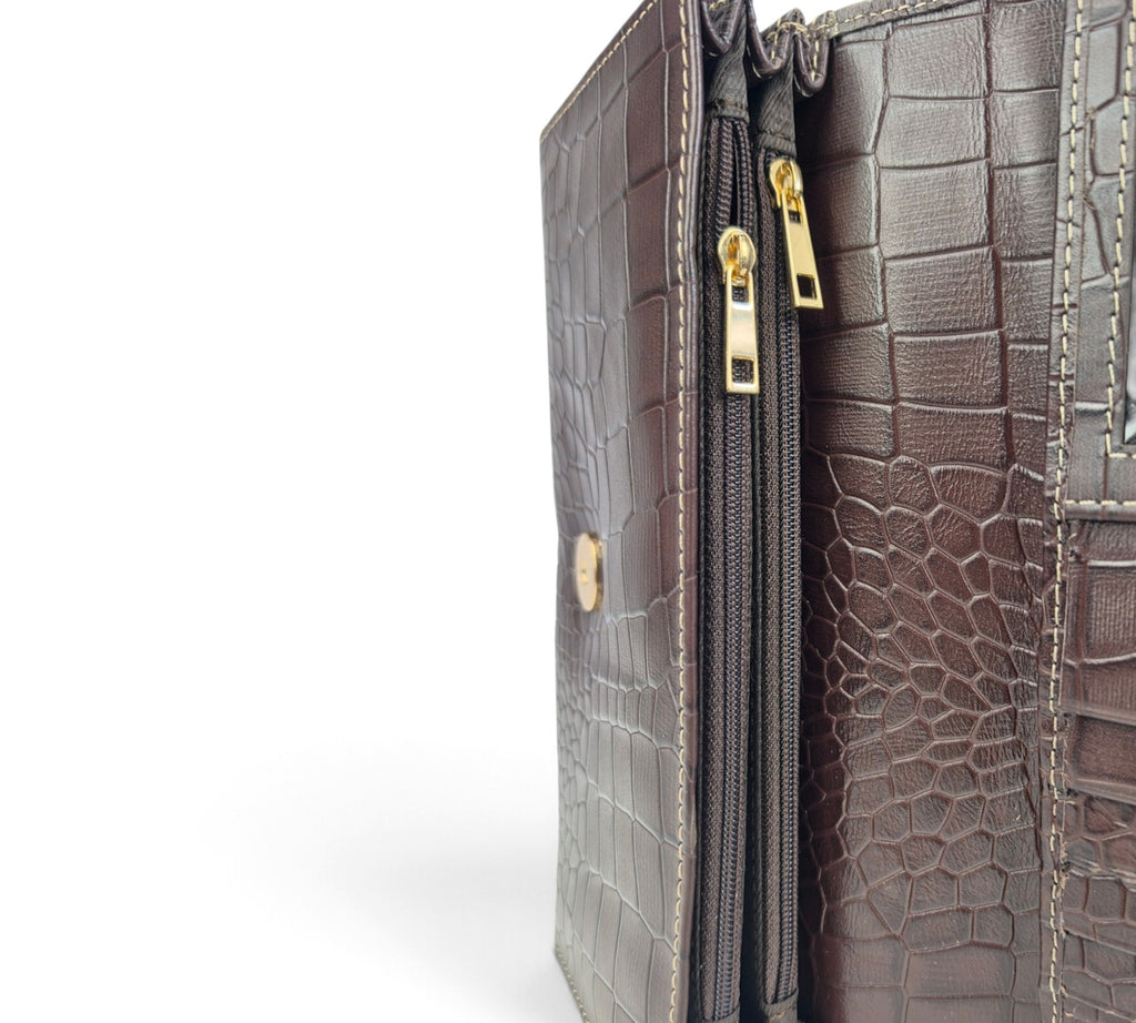 Velourleer Luxe Crocodile-Embossed Genuine Sheep Leather Clutch Wallet – Multi-Compartment Professional Evening & Travel Organizer